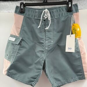 Katin Mens Size 28 Corkey Trunk Swim Shorts‎ Color Block Green Tan Drawstring